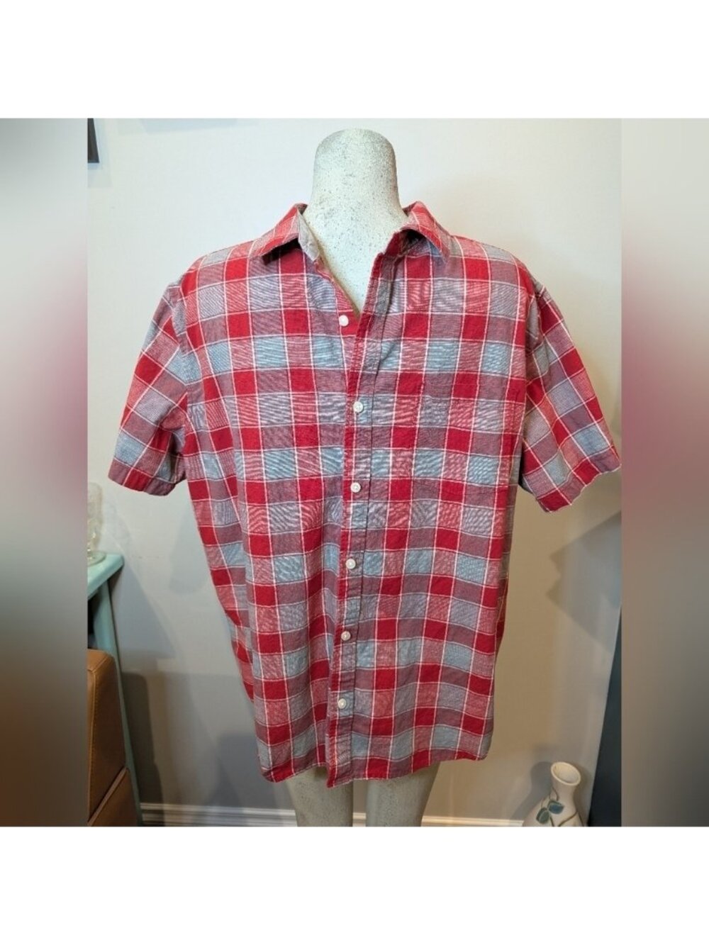 DENVER HAYES Untucked  Modern Fit Button Up Shirt Red & Gray Plaid Men's XL